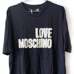 NWT Love Moschino Daisy Graphic Text Shirt Dress, black, US 8/Size 44